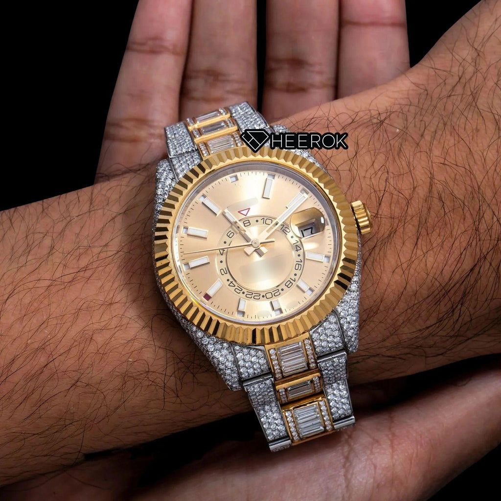 Rolex Sky-Dweller Yellow Dial White Stick Markers Fluted Bezel Two Tone Yellow Gold Baguette Moissanite Diamond Oyster Bracelet Watch