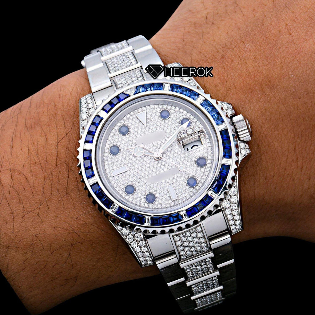Rolex Submariner Diamond Paved Dial Diamond Markers Diamond Bezel Semi Iced Moissanite Diamond Oyster Bracelet Watch