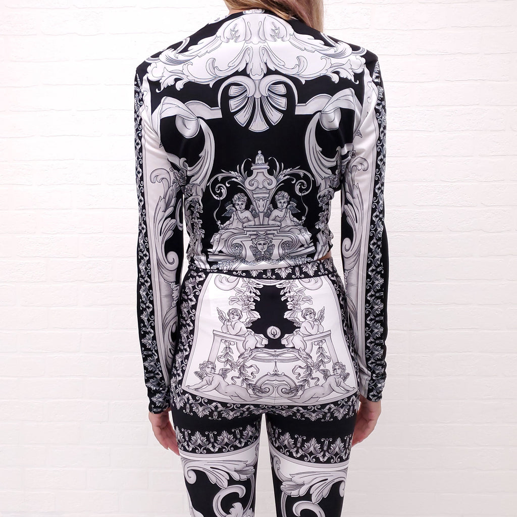 VERSACE BLACK, WHITE AND GREY BAROQUE CUT OUT CROP TOP WITH MEDUSA BUTTON - SIZE 46
