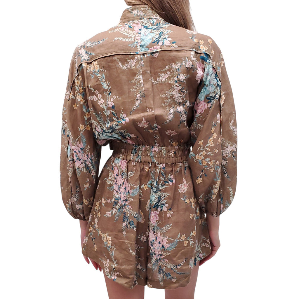 ZIMMERMANN KHAKI, BLUE, AND PINK FLORAL LINEN ROMPER - SIZE 2 (US 8)