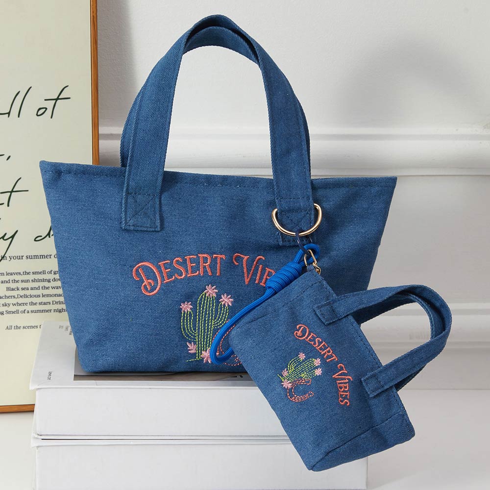 Desert Vibes Cactus Embroidered Small Canvas Tote Bag