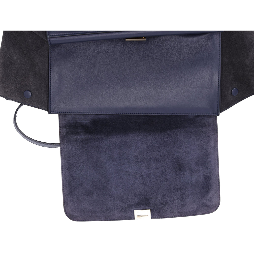 Celine Trapeze Medium Handbag Light Brown Dark Navy Leather Suede