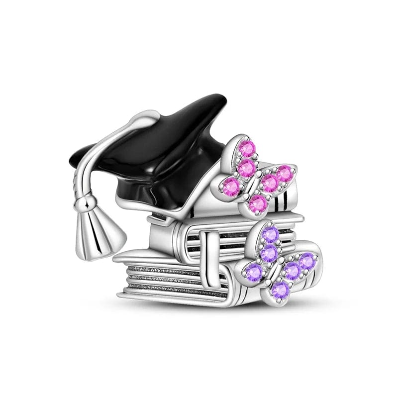 Graduation Cap & Books with Sparkling Butterflies Charm