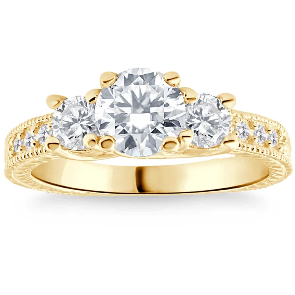 1.80Ct Three Stone Diamond Engagement Ring Vintage Accents 14k Yellow Gold
