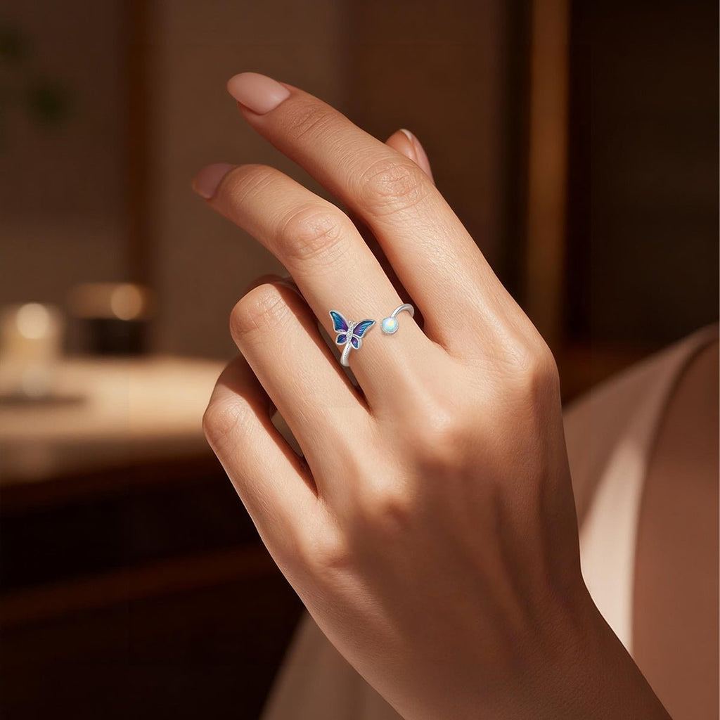 Opal & Blue Butterfly Adjustable Ring