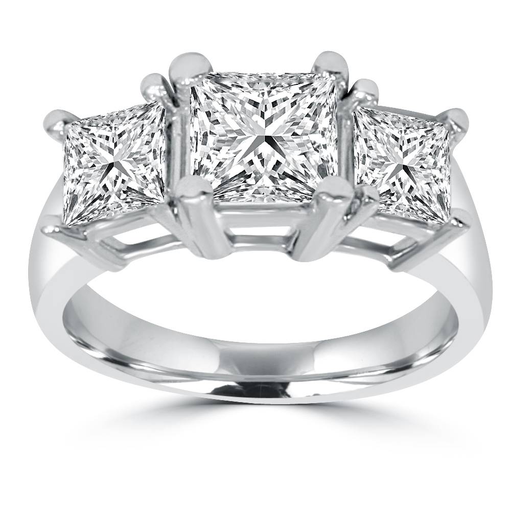 2ct 3 Stone Princess Cut Real Diamond Engagement Ring 14K White Gold Size Selectable