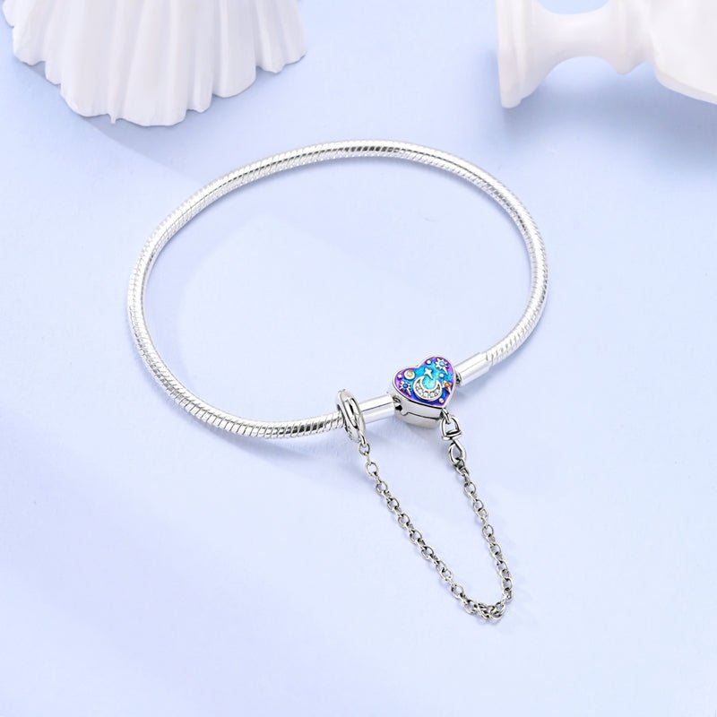 Starry Night Heart Charm Bracelet with Safety Chain